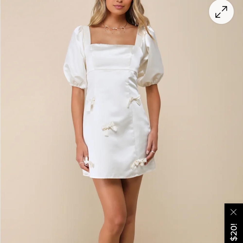 NWT Lulu's Ivory Satin Mini Dress with Puff Sleeves & Bows